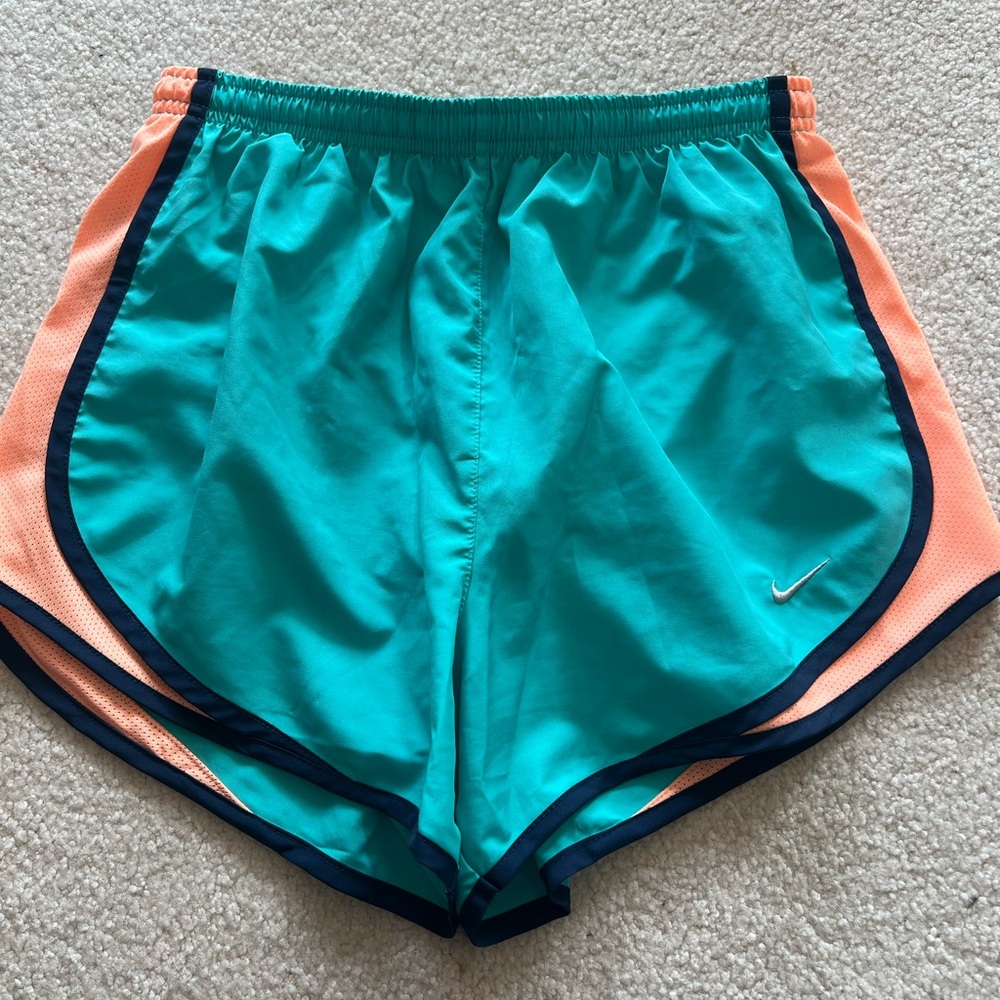 Nike Women's Teal Running Shorts with Peach Side Panels